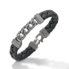 FLAMING TONGUE Black Woven Leather Bracelet with polished oxidized silver chain & black diamonds