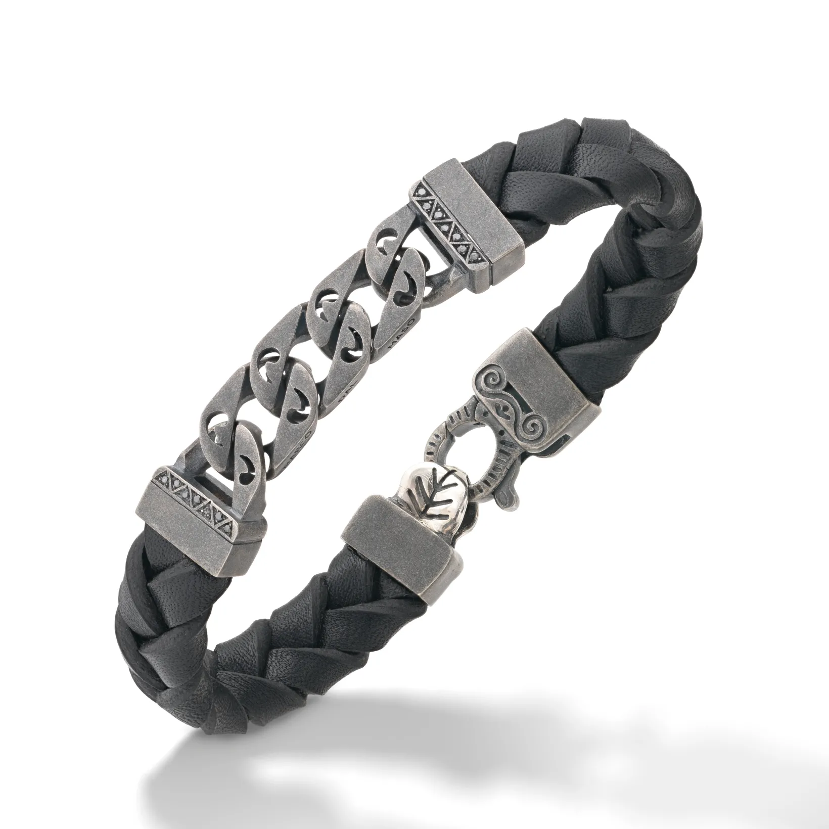 FLAMING TONGUE Black Woven Leather Bracelet with polished oxidized silver chain & black diamonds