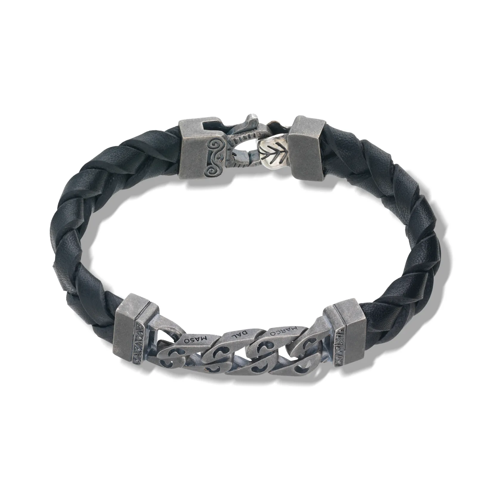 FLAMING TONGUE Black Woven Leather Bracelet with polished oxidized silver chain & black diamonds