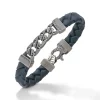 FLAMING TONGUE Blue Woven Leather Bracelet with Polished Oxidized Silver Chain & Black Diamonds