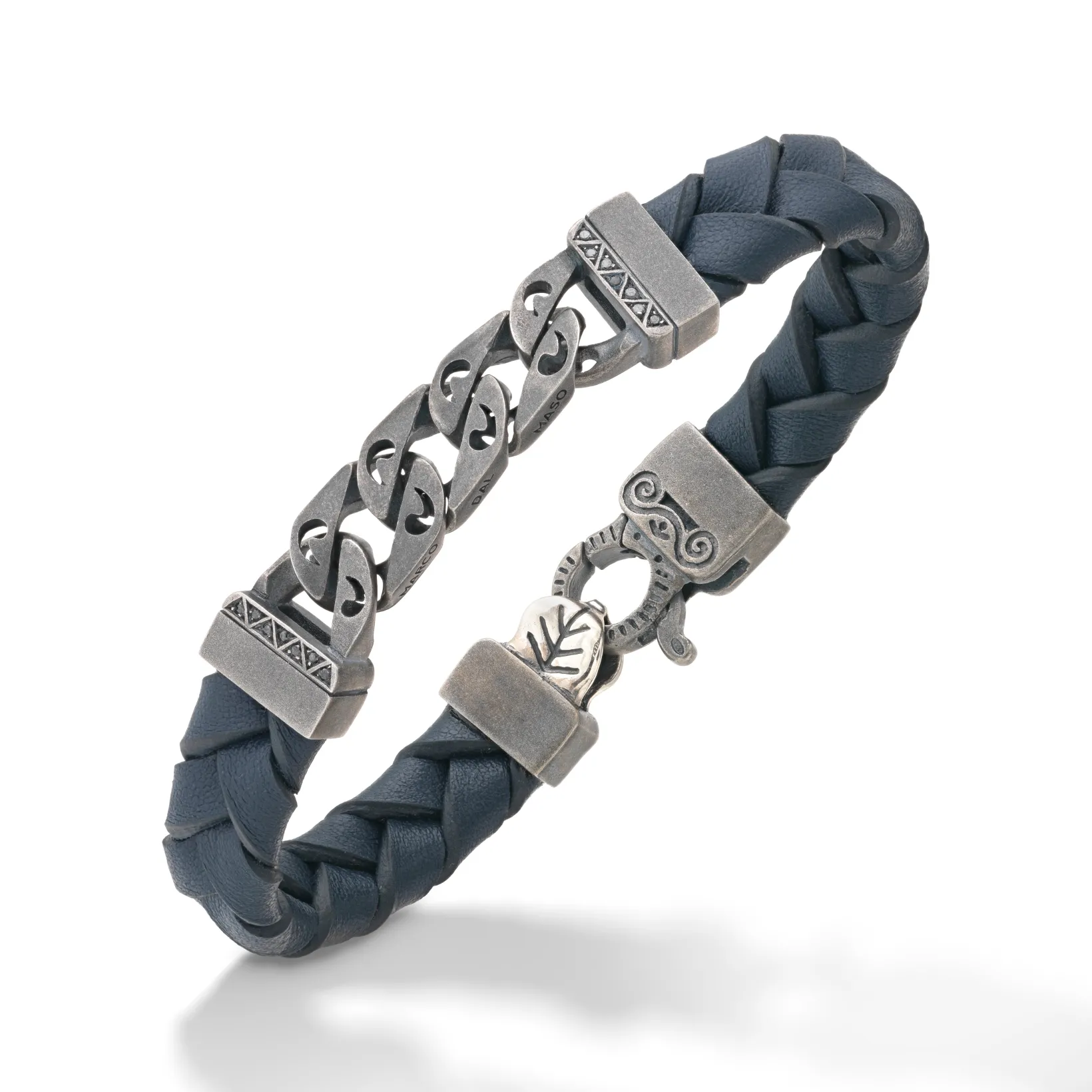 FLAMING TONGUE Blue Woven Leather Bracelet with Polished Oxidized Silver Chain & Black Diamonds
