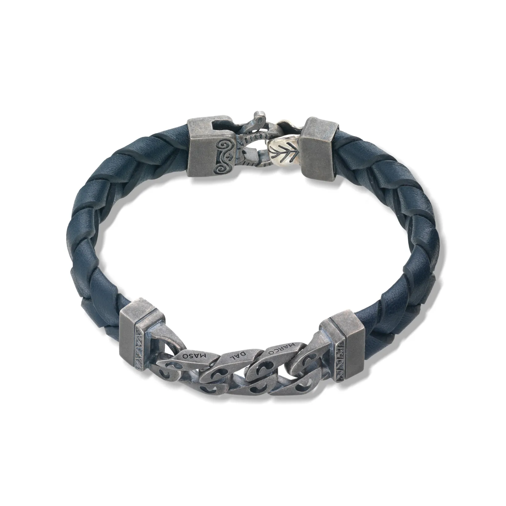 FLAMING TONGUE Blue Woven Leather Bracelet with Polished Oxidized Silver Chain & Black Diamonds