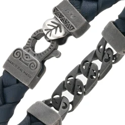 FLAMING TONGUE Blue Woven Leather Bracelet with Polished Oxidized Silver Chain & Black Diamonds