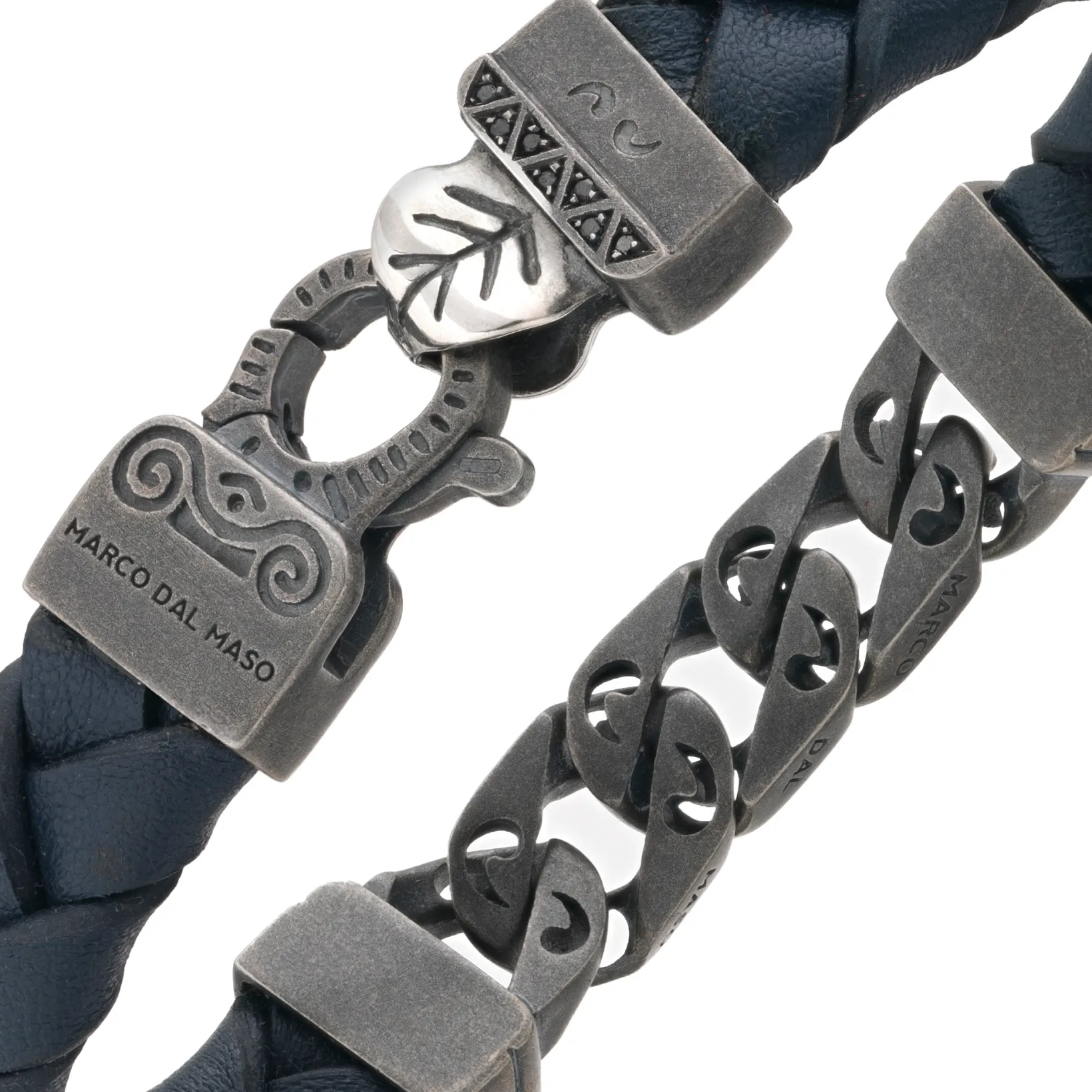 FLAMING TONGUE Blue Woven Leather Bracelet with Polished Oxidized Silver Chain & Black Diamonds