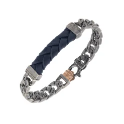 FLAMING TONGUE 18K Rose Gold Vermeil and Oxidized Bracelet with black diamonds & blue leather